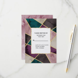 Luxurious Gold Geometric Green Purple Wedding RSVP Card