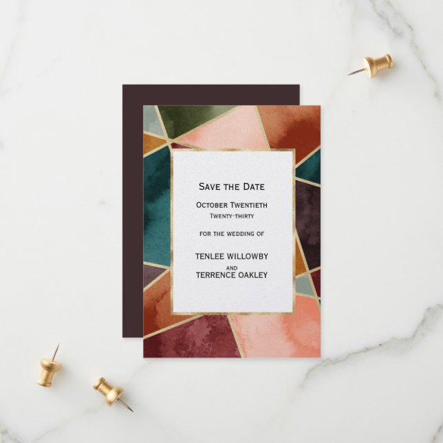 Luxurious Gold Geometric Purple Teal Rust Wedding Save The Date (Front/Back In Situ)