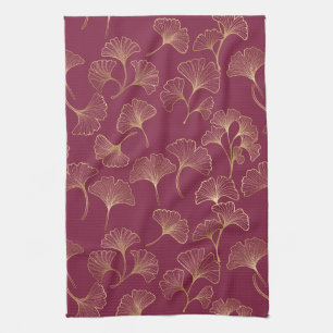Luxurious Gold Ginkgo Leaves on Deep Burgundy (1) Tea Towel
