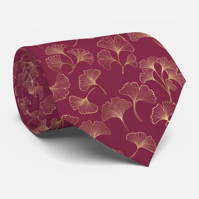 Luxurious Gold Ginkgo Leaves on Deep Burgundy (1) Tie (Rolled)