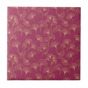 Luxurious Gold Ginkgo Leaves on Deep Burgundy (2) Tile