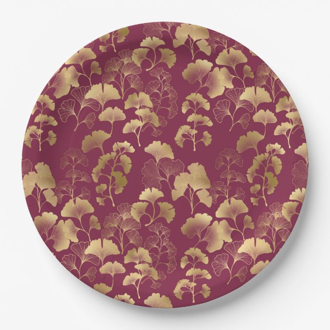 Luxurious Gold Ginkgo Leaves on Deep Burgundy (3) Paper Plate (Front)