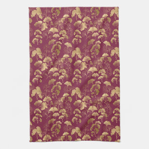 Luxurious Gold Ginkgo Leaves on Deep Burgundy (3) Tea Towel