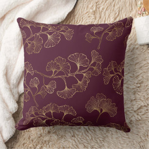 Luxurious Gold Ginkgo Leaves on Deep Burgundy (4) Cushion