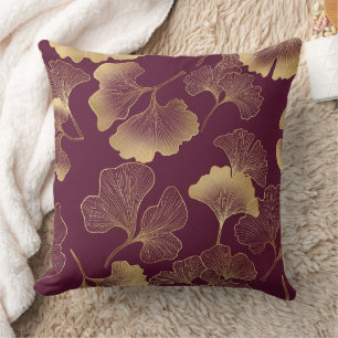 Luxurious Gold Ginkgo Leaves on Deep Burgundy (6) Cushion