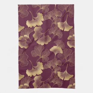 Luxurious Gold Ginkgo Leaves on Deep Burgundy (6) Tea Towel
