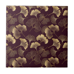 Luxurious Gold Ginkgo Leaves on Deep Burgundy (7) Tile