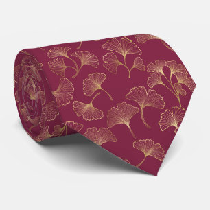 Luxurious Gold Ginkgo Leaves on Deep Burgundy Tie