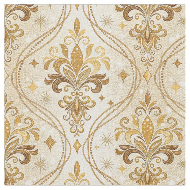 Luxurious Gold Glitter Damask Royal Palace Pattern Fabric (Close Up)