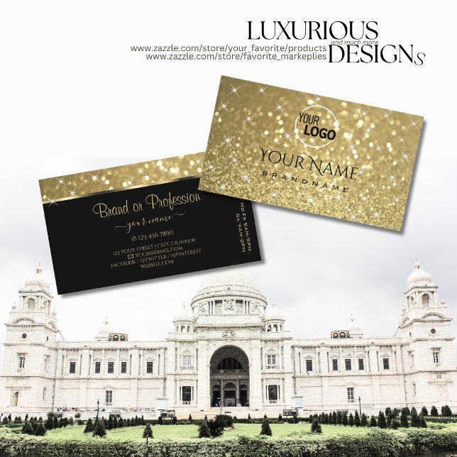 Luxurious Gold Glitter Luminous Stars add Logo Business Card (Creator Uploaded)