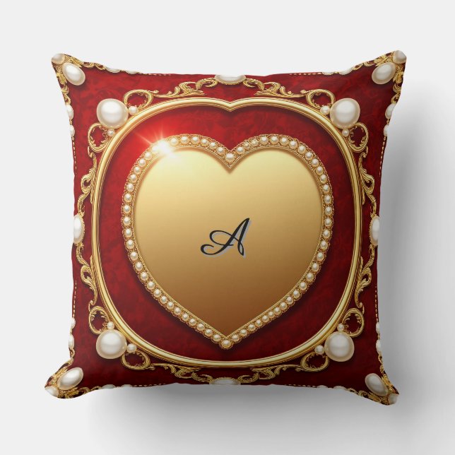 Luxurious Gold Heart Frame Adorned With Pearls Cushion (Front)