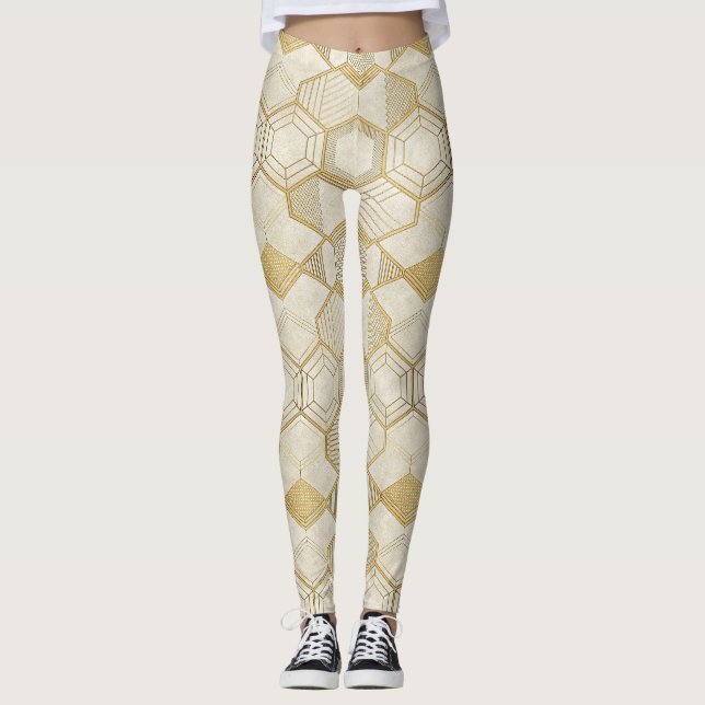 Luxurious Gold Hexagon Pattern - Marble Texture 2 Leggings (Front)
