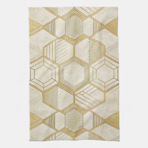 Luxurious Gold Hexagon Pattern - Marble Texture 2 Tea Towel
