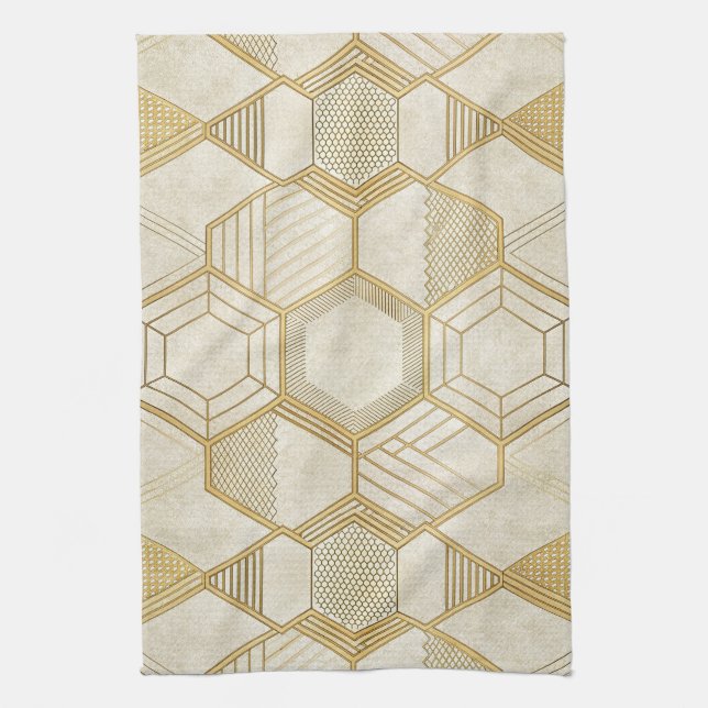Luxurious Gold Hexagon Pattern - Marble Texture 2 Tea Towel (Vertical)
