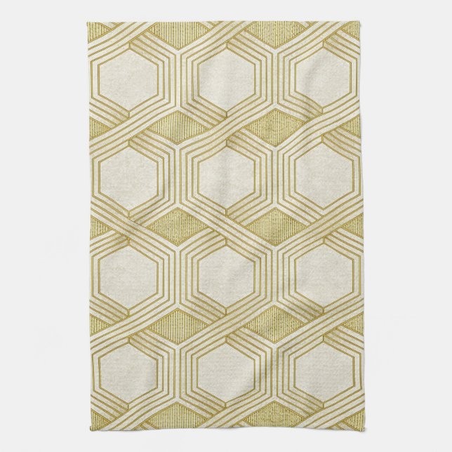 Luxurious Gold Hexagon Pattern - Marble Texture Tea Towel (Vertical)