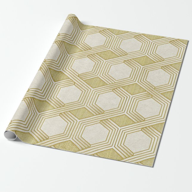 Luxurious Gold Hexagon Pattern - Marble Texture Wrapping Paper (Unrolled)