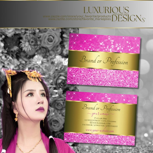 Luxurious Gold Hot Pink Glitter Sparkling Stars  Business Card (Creator Uploaded)