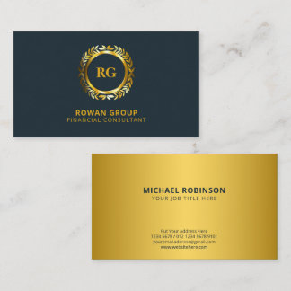 Luxurious Gold Laurel Leaves Crest on Rustic Blue Business Card