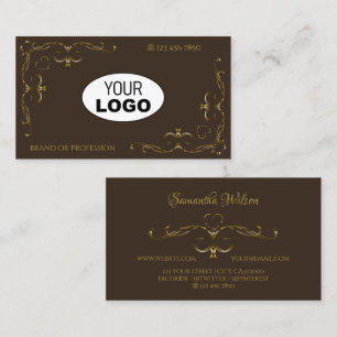 Luxurious Gold Ornate Corners Dark Brown with Logo Business Card