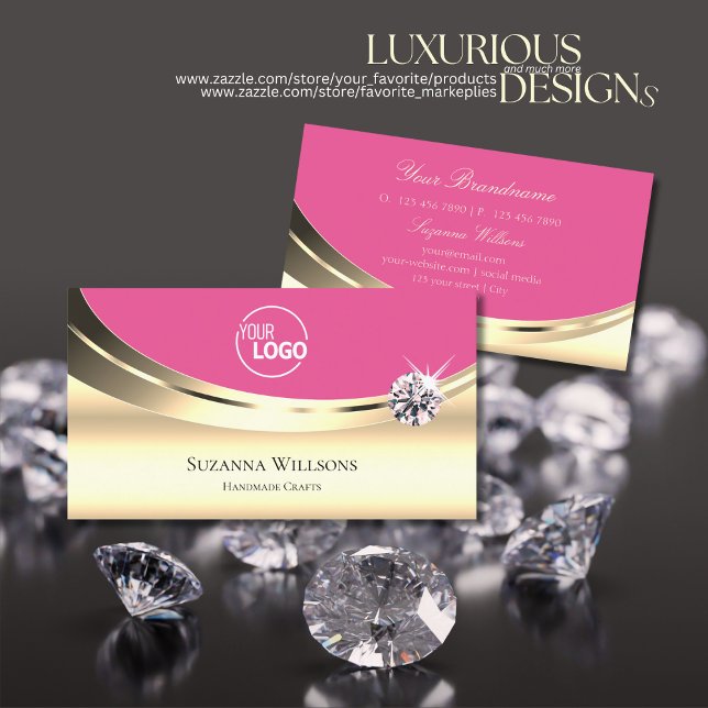 Luxurious Gold Pink with Logo Sparkling Diamond Business Card (Creator Uploaded)