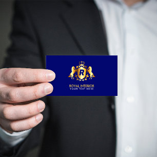 Luxurious Gold Royal Emblem Initial on Blue Business Card