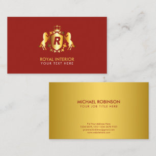 Luxurious Gold Royal Emblem   Initial on Red Business Card