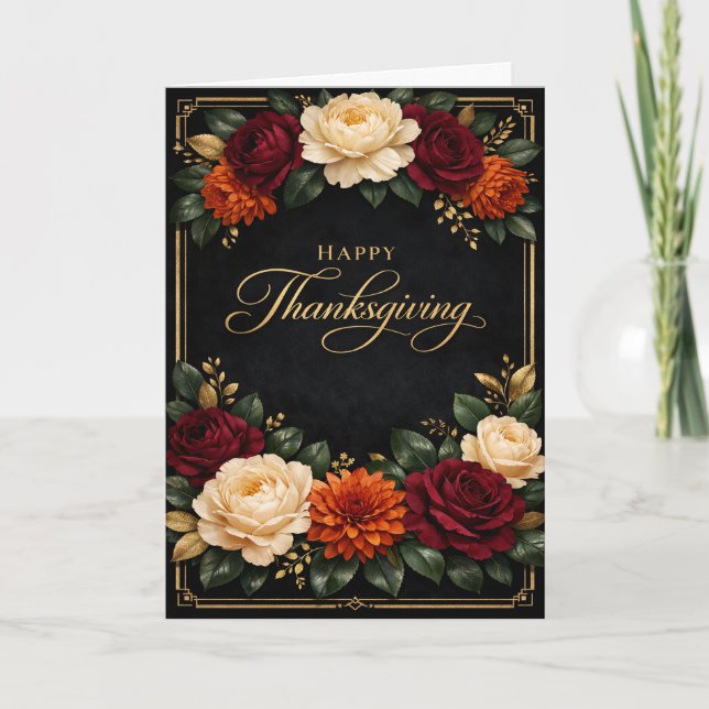 Luxurious Gold Script Thanksgiving Floral Design Holiday Card (Front)