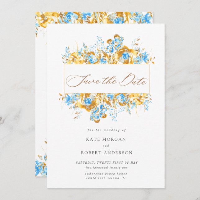 luxurious gold turquoise floral save the date card (Front/Back)