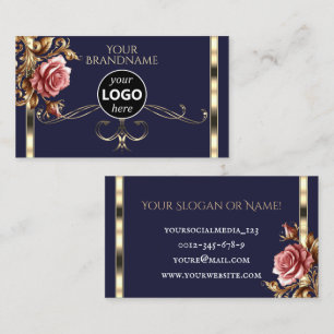 Luxurious Gold Vintage Rose Dark Blue with Logo Business Card
