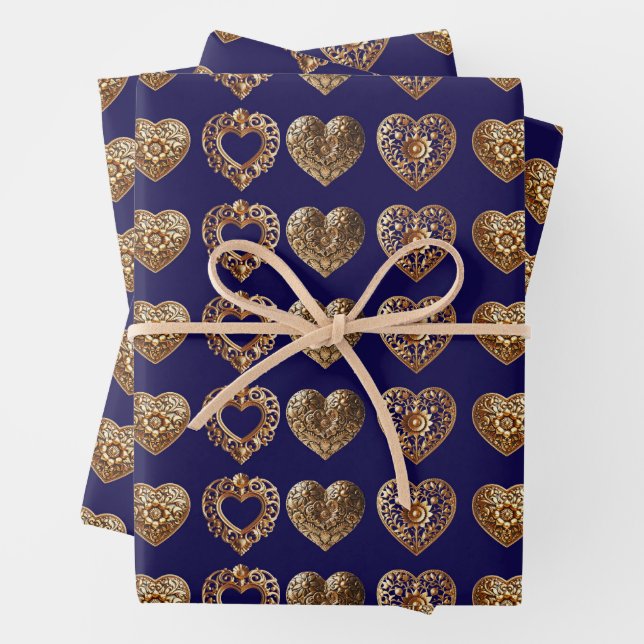 Luxurious Golden Baroque Hearts Pattern on Navy Bl Wrapping Paper Sheet (In situ)