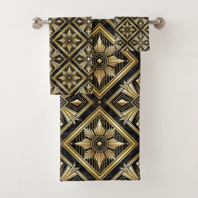 Luxurious Golden Geometric 1920's Dimond Art Deco  Bath Towel Set (Insitu)