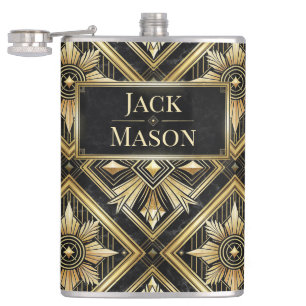 Luxurious Golden Geometric 1920's Dimond Art Deco Hip Flask