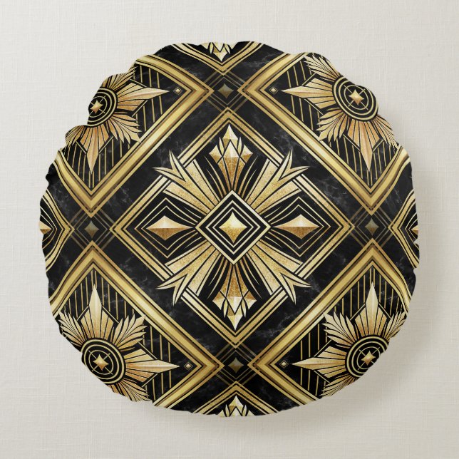 Luxurious Golden Geometric 1920's Dimond Art Deco  Round Cushion (Front)