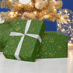 Luxurious Golden Green Snowflakes, Merry Christmas Wrapping Paper