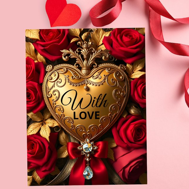 Luxurious Golden Heart with Red Roses and Ribbon Postcard (Creator Uploaded)