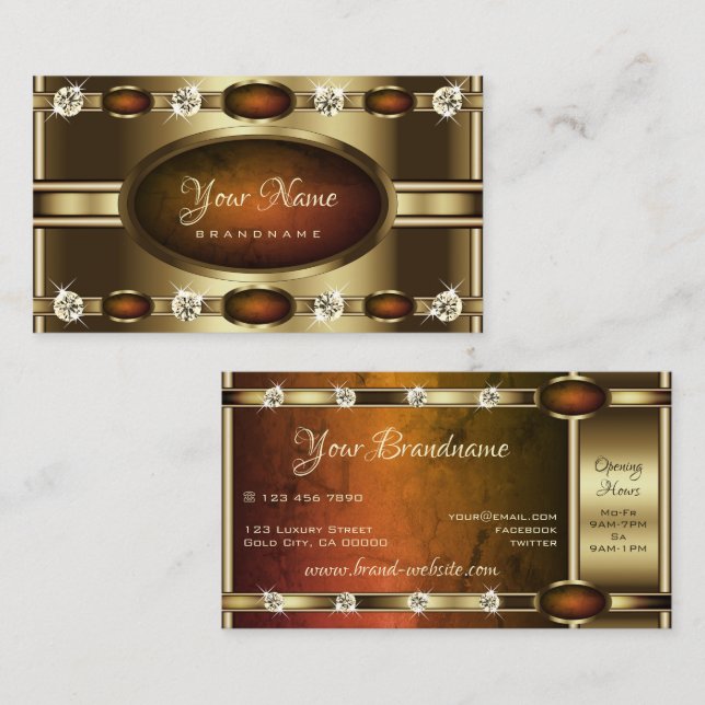 Luxurious Golden Orange Marble Faux Rhinestones Business Card (Front/Back)