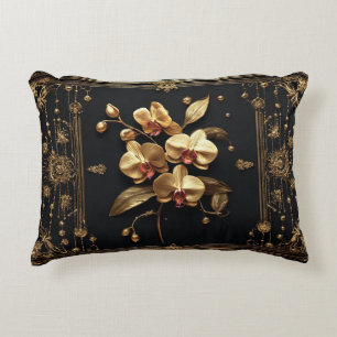 Luxurious Golden Orchid Floral Artwork Decorative Cushion