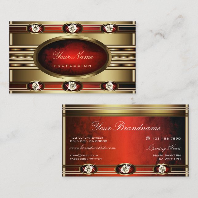 Luxurious Golden Red Marbled Pattern and Diamonds Business Card (Front/Back)