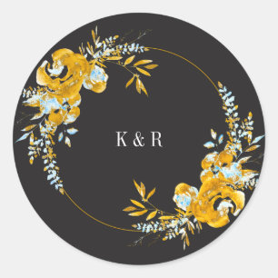luxurious golden turquoise monogram wedding classic round sticker