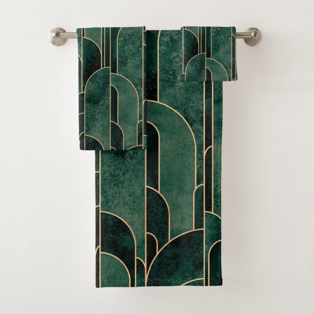 Luxurious Green and Gold Art Deco Pattern Bath Towel Set (Insitu)