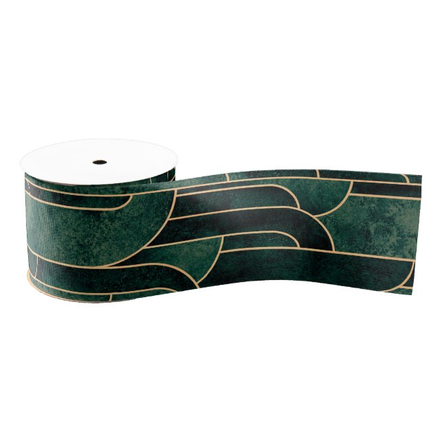 Luxurious Green and Gold Art Deco Pattern Grosgrain Ribbon (Spool)