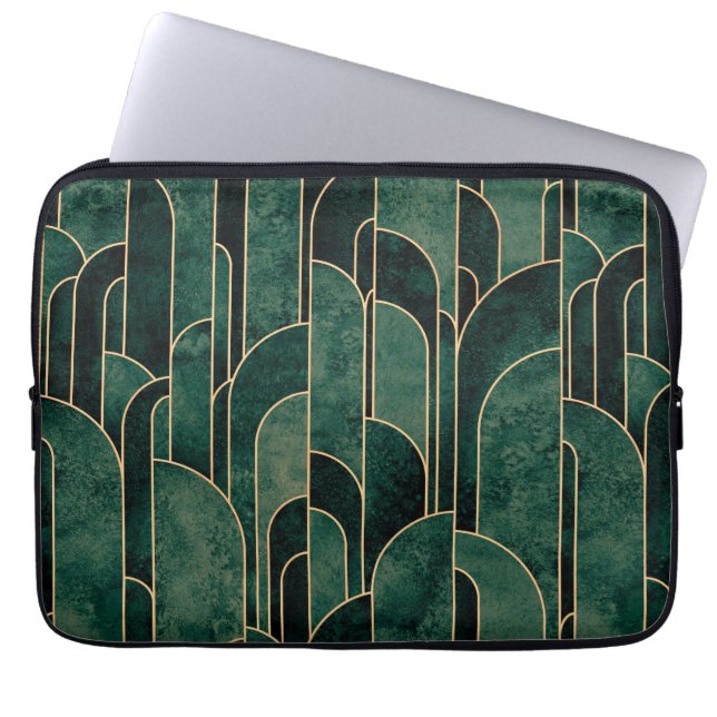 Luxurious Green and Gold Art Deco Pattern Laptop Sleeve (Front)