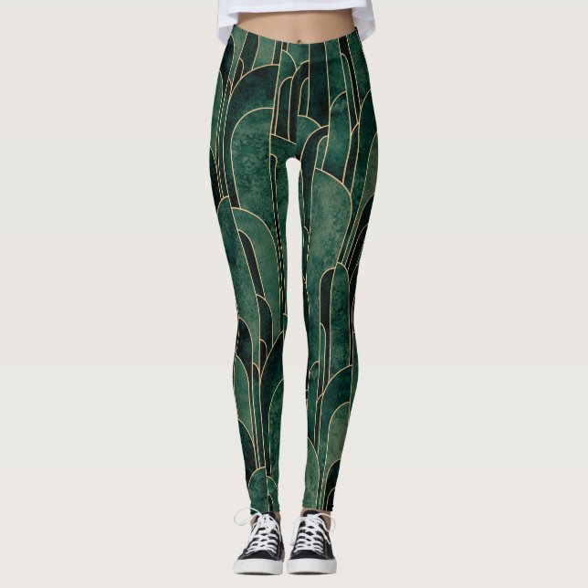 Luxurious Green and Gold Art Deco Pattern Leggings (Front)