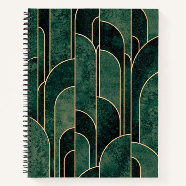 Luxurious Green and Gold Art Deco Pattern Notebook (Front)