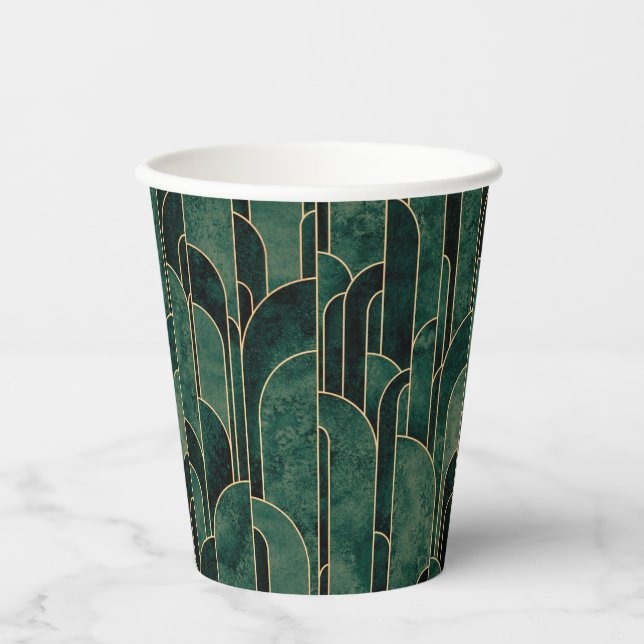 Luxurious Green and Gold Art Deco Pattern Paper Cups (Front)