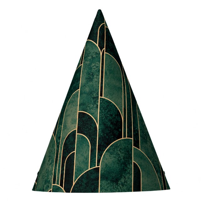 Luxurious Green and Gold Art Deco Pattern Party Hat (Front)