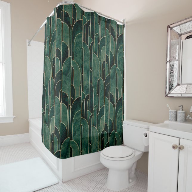 Luxurious Green and Gold Art Deco Pattern Shower Curtain (In Situ)
