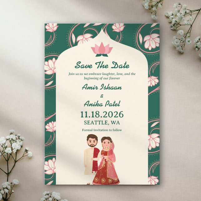 Luxurious Green Lotus Lanterns Indian Wedding Save The Date (Creator Uploaded)
