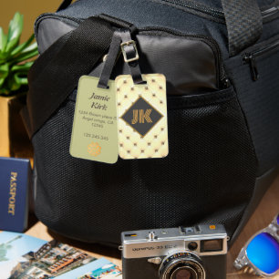 luxurious grey gold tufted monogram personalise  luggage tag