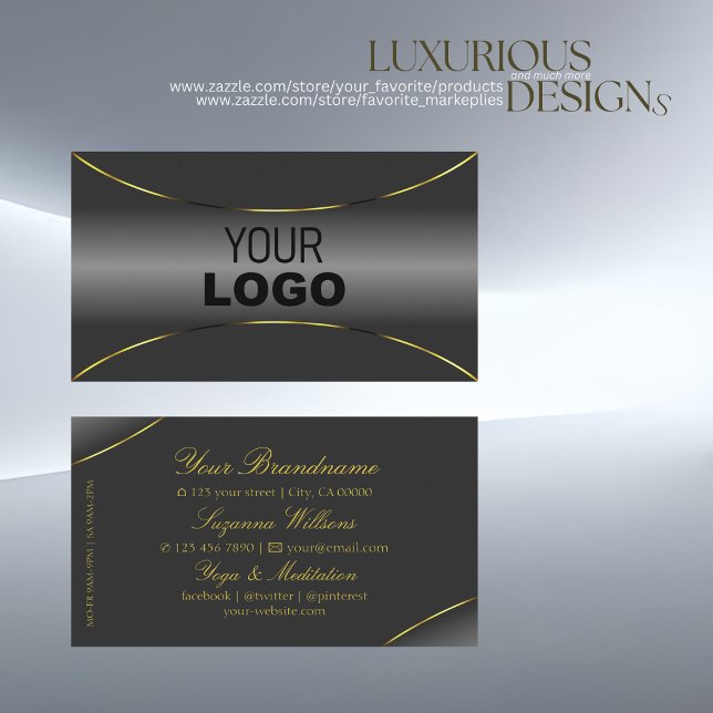 Luxurious Grey with Shimmery Gold Border and Logo Business Card (Creator Uploaded)